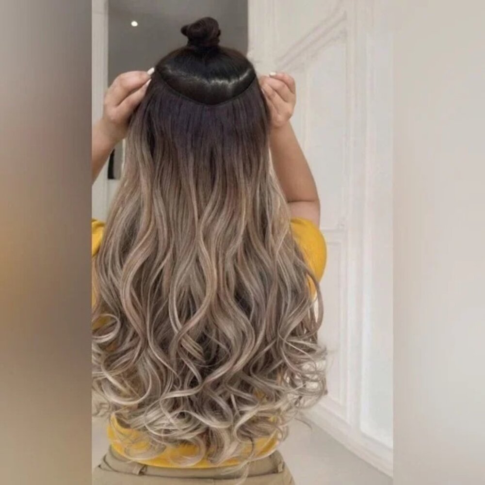 24 In One Piece Clip In Wavy Extensions Balayage hair Style - dark root Blonde - Picture 1 of 9